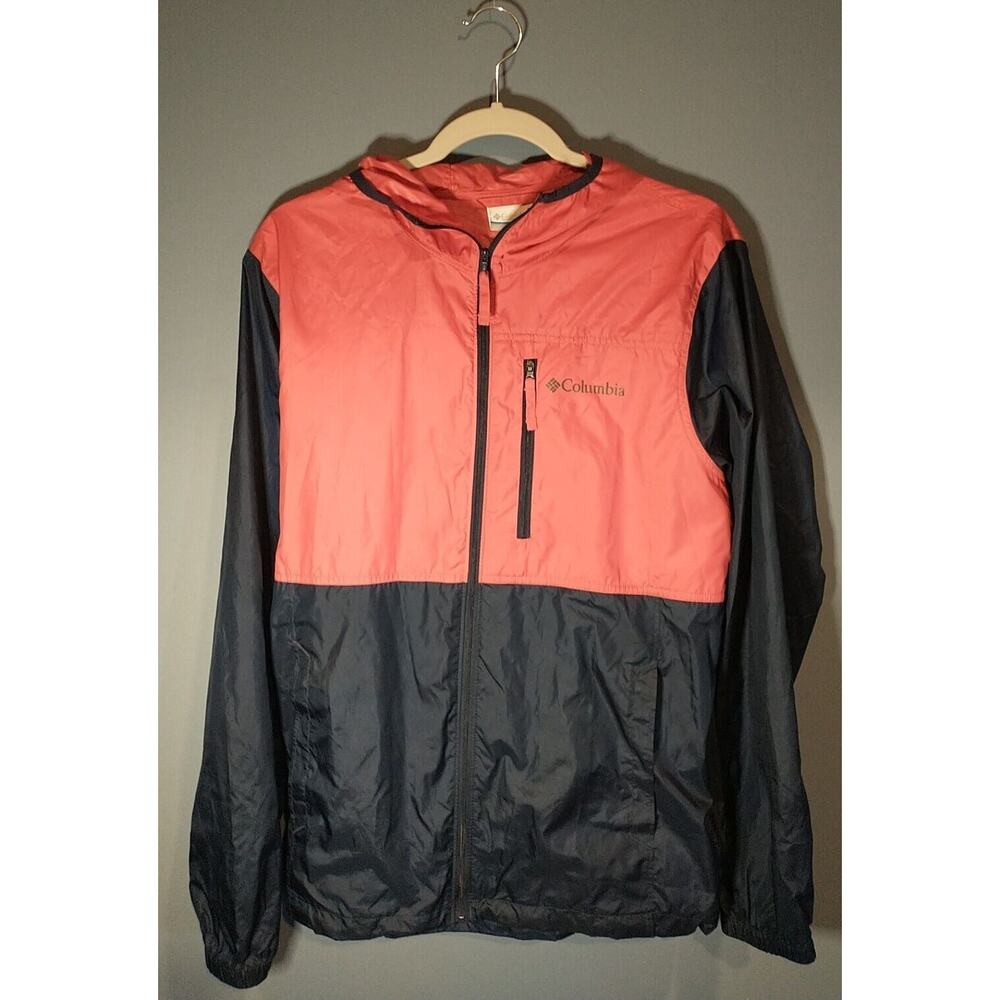 Columbia Jacket Men's S Nylon Full Zip Hooded Windbreaker Red Dark Blue